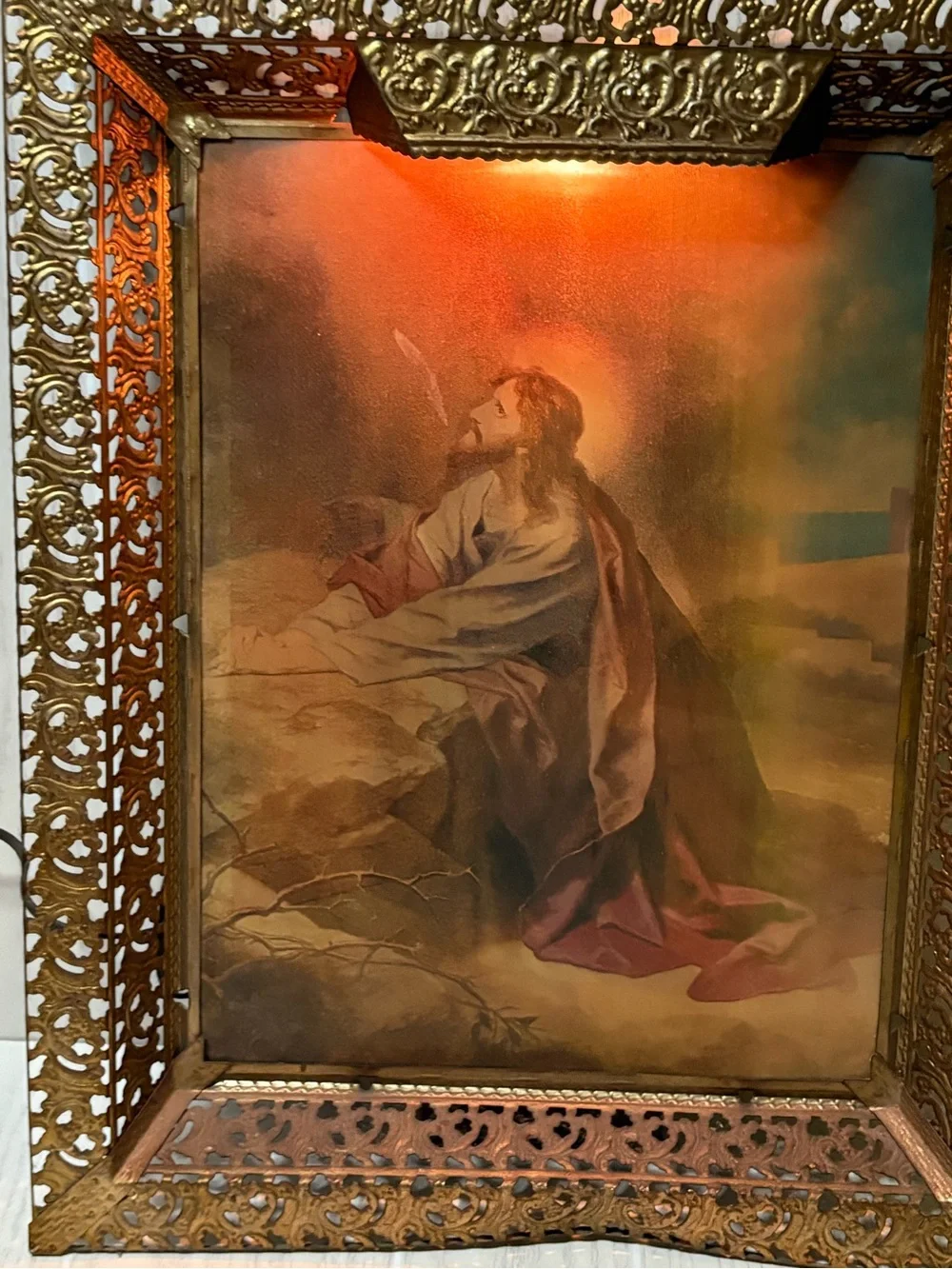 Vintage Antique Lighted 3D Hologram Jesus Lenticular Framed Metal Tested